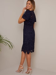 Chi Chi London Navy Blue Puff Sleeve Premium Lace Mini Dress - Image 2 of 4