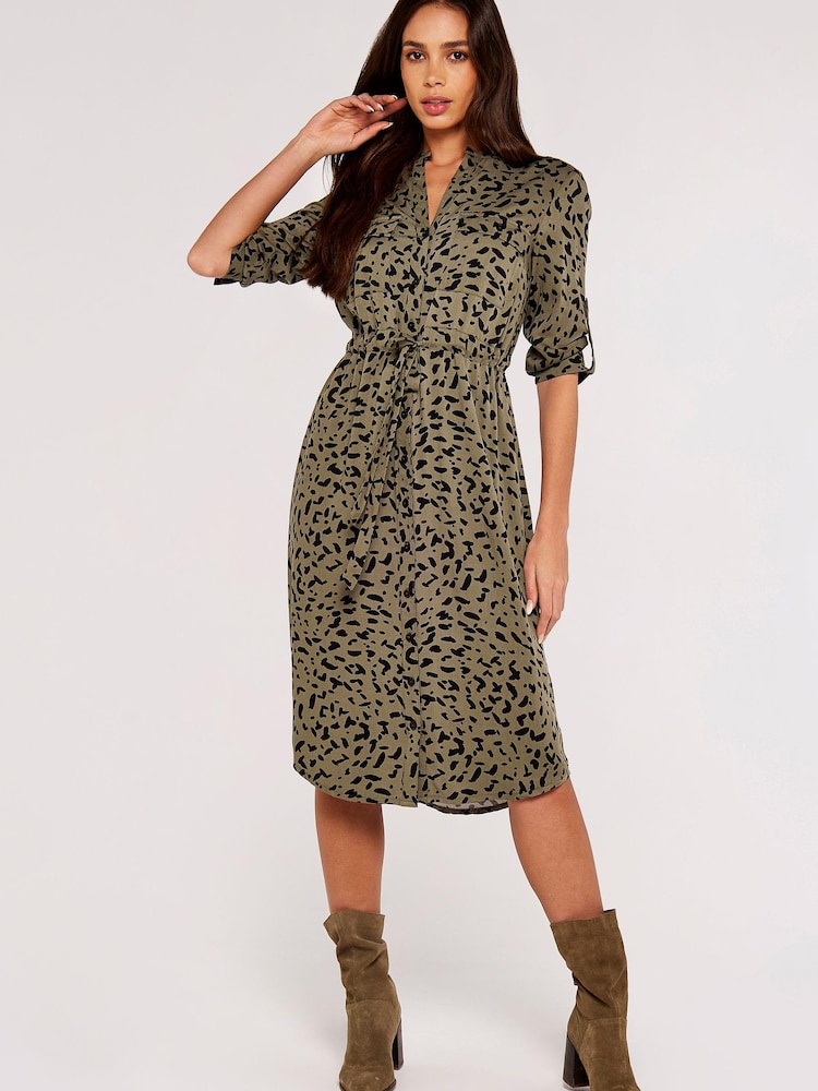 Apricot Green & Black Brush Dot Twill Midi Shirt Dress - Image 1 of 1