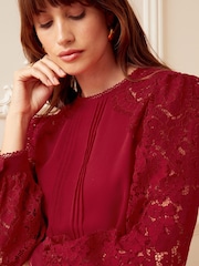 Love & Roses Berry Red Petite Tie Back Long Sleeve Lace Blouse - Image 1 of 4