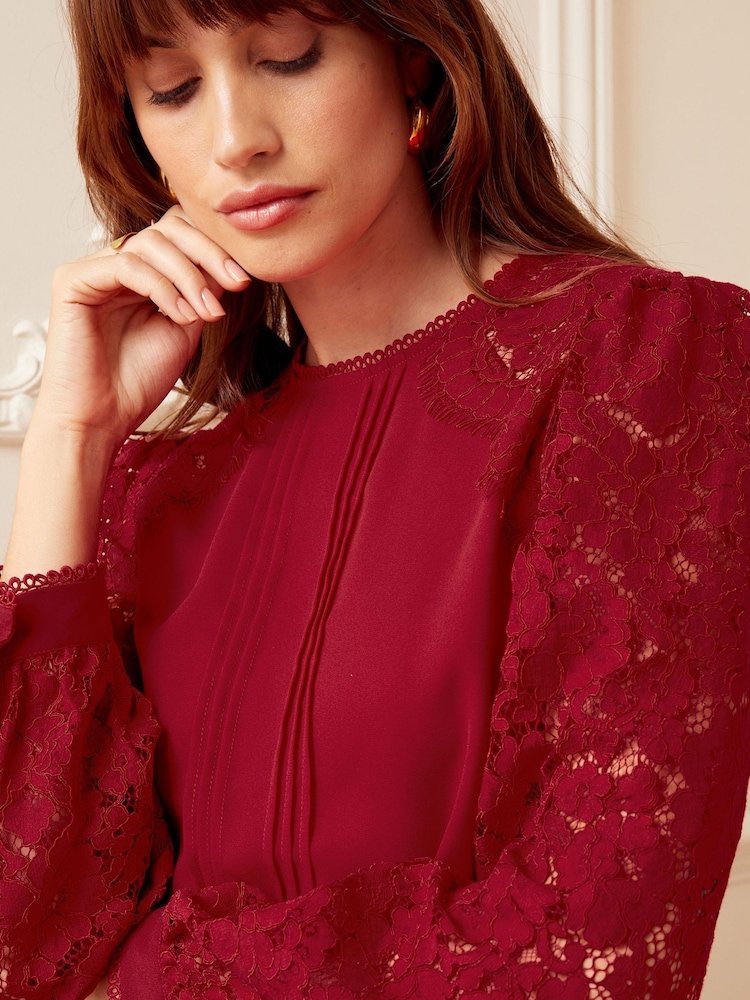 Love & Roses Berry Red Petite Tie Back Long Sleeve Lace Blouse - Image 1 of 4