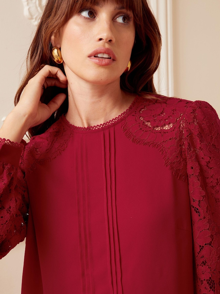 Love & Roses Berry Red Petite Tie Back Long Sleeve Lace Blouse - Image 2 of 4