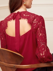 Love & Roses Berry Red Petite Tie Back Long Sleeve Lace Blouse - Image 3 of 4