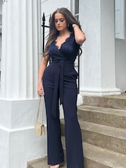 Girl In Mind Navy Julia Lace Wrap Wide Leg Jumpsuit - Image 1 of 4