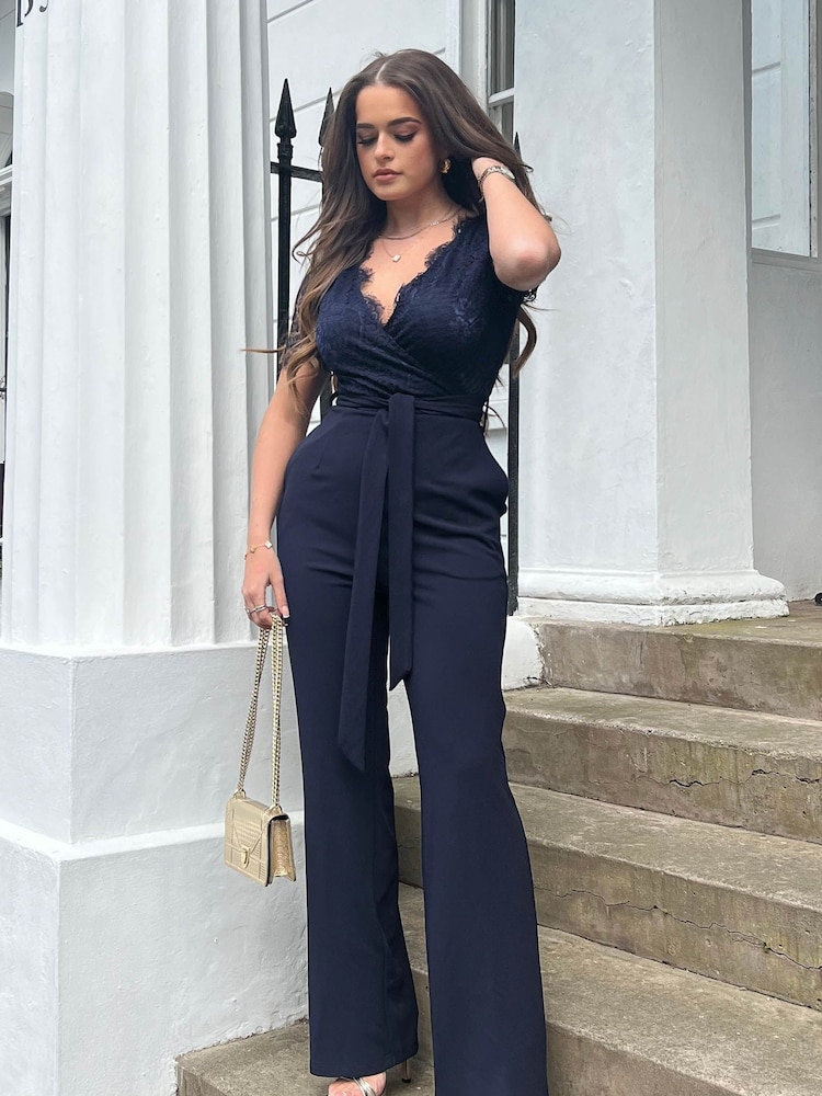 Girl In Mind Navy Julia Lace Wrap Wide Leg Jumpsuit - Image 1 of 4