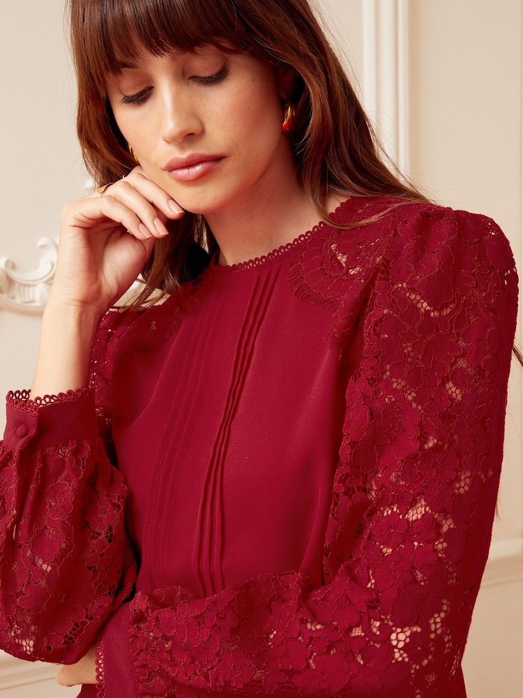 Love & Roses Berry Red Tie Back Long Sleeve Lace Blouse - Image 1 of 4