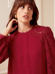 Love & Roses Berry Red Tie Back Long Sleeve Lace Blouse - Image 2 of 4