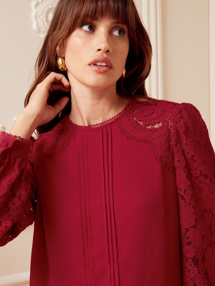 Love & Roses Berry Red Tie Back Long Sleeve Lace Blouse - Image 2 of 4