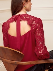 Love & Roses Berry Red Tie Back Long Sleeve Lace Blouse - Image 3 of 4