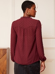 Love & Roses Red V Neck Lace Long Sleeve Lace Trim Dobby Spot Blouse - Image 3 of 4