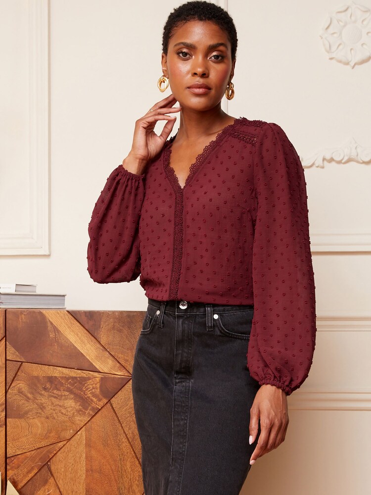 Love & Roses Red V Neck Lace Long Sleeve Lace Trim Dobby Spot Blouse - Image 4 of 4 Love & Roses Red V Neck Lace Long Sleeve Lace Trim Dobby Spot Blouse - Image 4 of 4