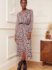 Love & Roses Camel Printed V Neck Belted Long Sleeve Midi Dress - Image 1 of 4