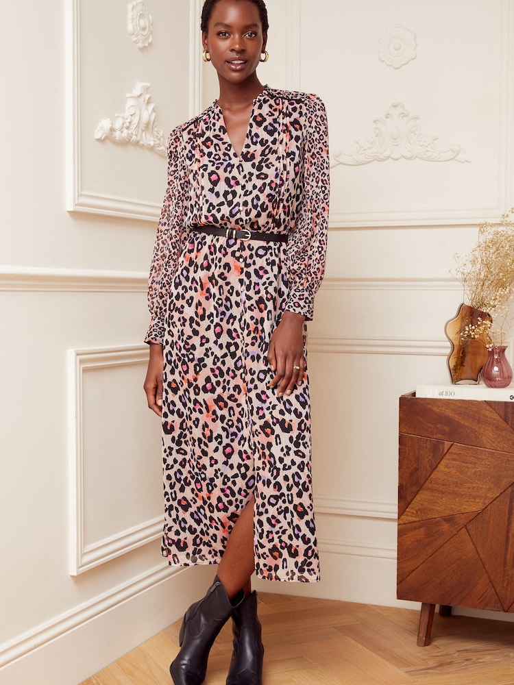 Love & Roses Camel Printed V Neck Belted Long Sleeve Midi Dress - Image 1 of 4