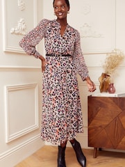 Love & Roses Camel Printed V Neck Belted Long Sleeve Midi Dress - Image 4 of 4