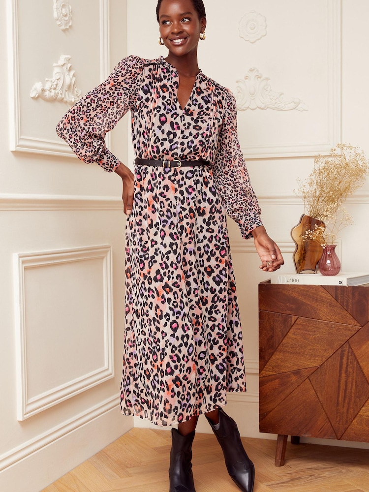Love & Roses Camel Printed V Neck Belted Long Sleeve Midi Dress - Image 4 of 4