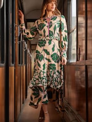 Love & Roses Cream and Green Long Sleeve Key Hole Front Ruffle Detail Midi Dress - Image 1 of 4