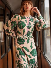 Love & Roses Cream and Green Long Sleeve Key Hole Front Ruffle Detail Midi Dress - Image 2 of 4
