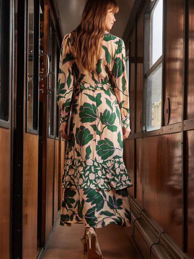 Love & Roses Cream and Green Long Sleeve Key Hole Front Ruffle Detail Midi Dress - Image 3 of 4
