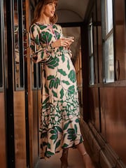 Love & Roses Cream and Green Long Sleeve Key Hole Front Ruffle Detail Midi Dress - Image 4 of 4