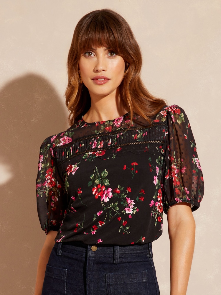 Love & Roses Black Floral Scallop Dobby Yoke Round Neck Short Sleeve Jersey Top - Image 1 of 4