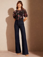 Love & Roses Black Floral Scallop Dobby Yoke Round Neck Short Sleeve Jersey Top - Image 4 of 4