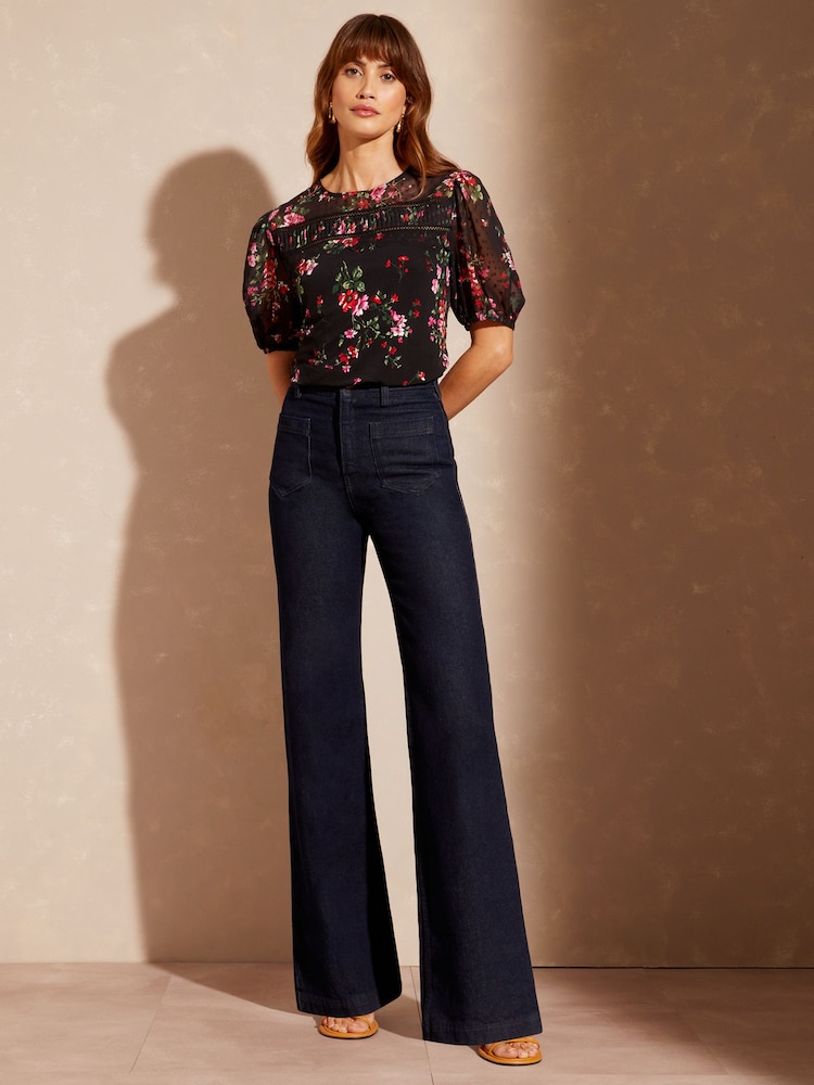 Love & Roses Black Floral Scallop Dobby Yoke Round Neck Short Sleeve Jersey Top - Image 4 of 4