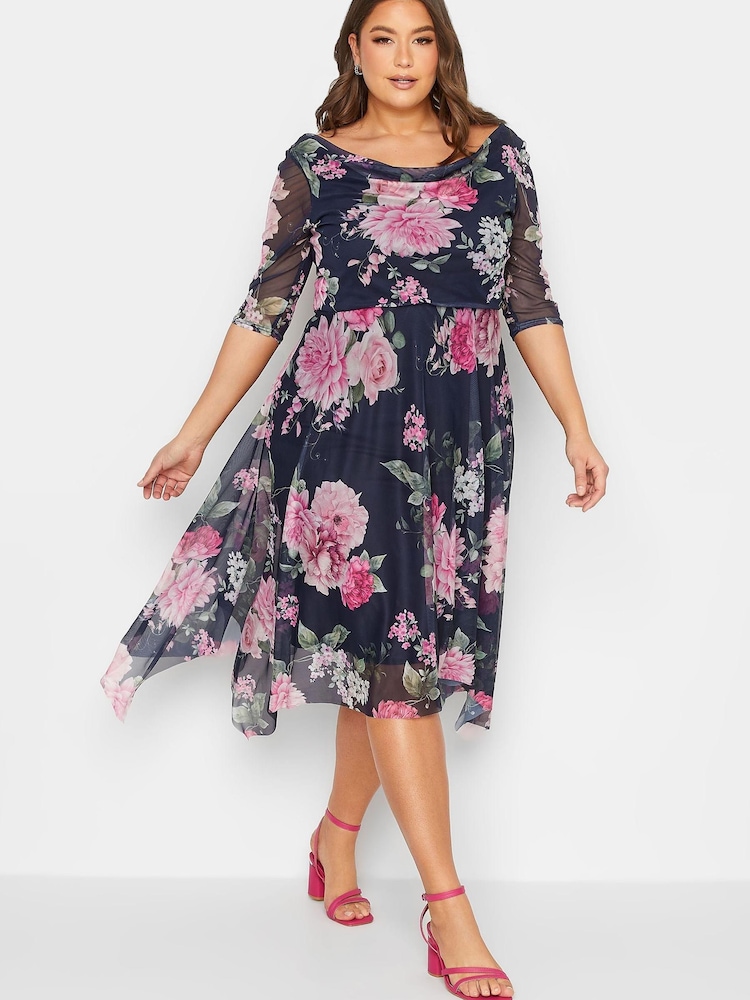 Yours Curve Blue London Cowl Mesh Dress - Image 1 of 1 Yours Curve Blue London Cowl Mesh Dress - Image 1 of 1