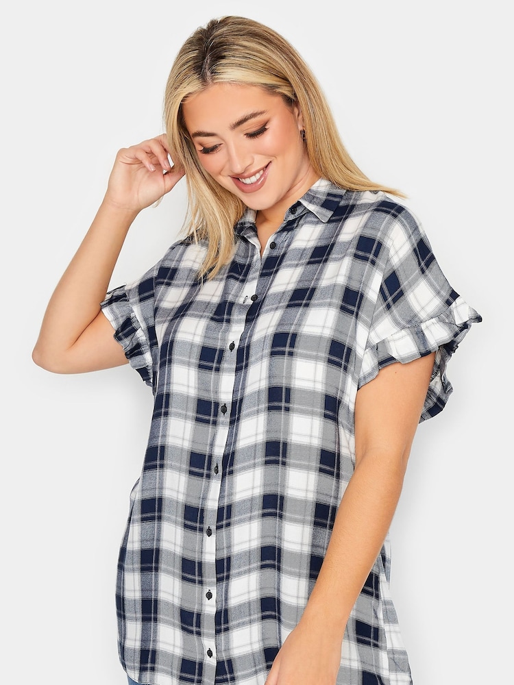 Yours Curve Blue Frill Sleeve Collared Shirt - Image 1 of 4