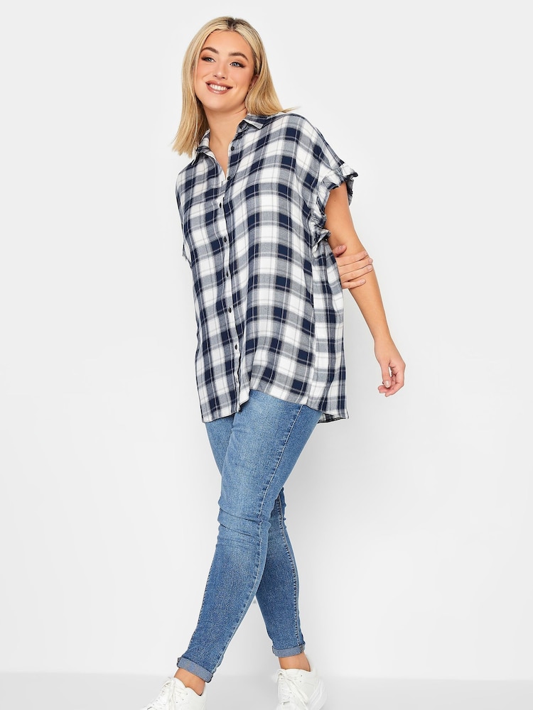 Yours Curve Blue Frill Sleeve Collared Shirt - Image 2 of 4