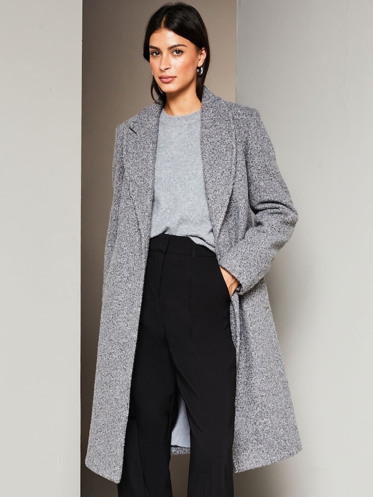 Lipsy Grey Relaxed Belted Boucle Smart Wrap Trench Coat - Image 1 of 4