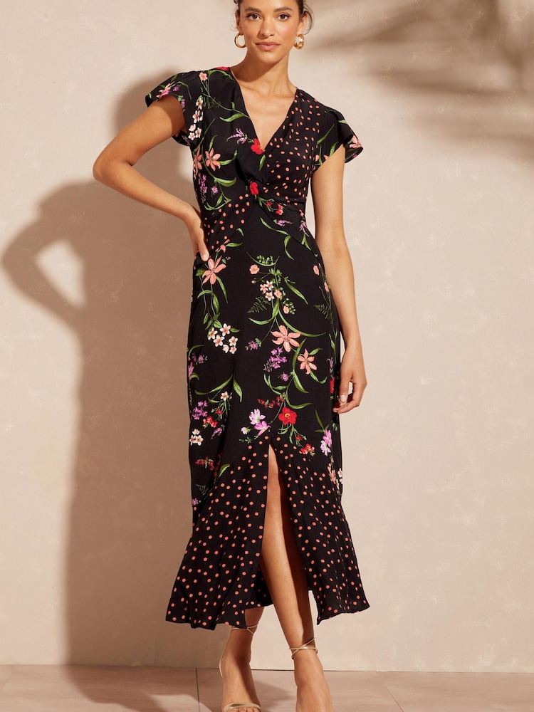 Love & Roses Black Printed Twist Front V Neck Flutter Sleeve Midi Summer Dress - Image 1 of 4 Love & Roses Black Printed Twist Front V Neck Flutter Sleeve Midi Summer Dress - Image 1 of 4