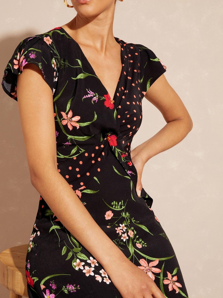 Love & Roses Black Printed Twist Front V Neck Flutter Sleeve Midi Summer Dress - Image 2 of 4 Love & Roses Black Printed Twist Front V Neck Flutter Sleeve Midi Summer Dress - Image 2 of 4