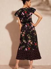 Love & Roses Black Printed Twist Front V Neck Flutter Sleeve Midi Summer Dress - Image 4 of 4