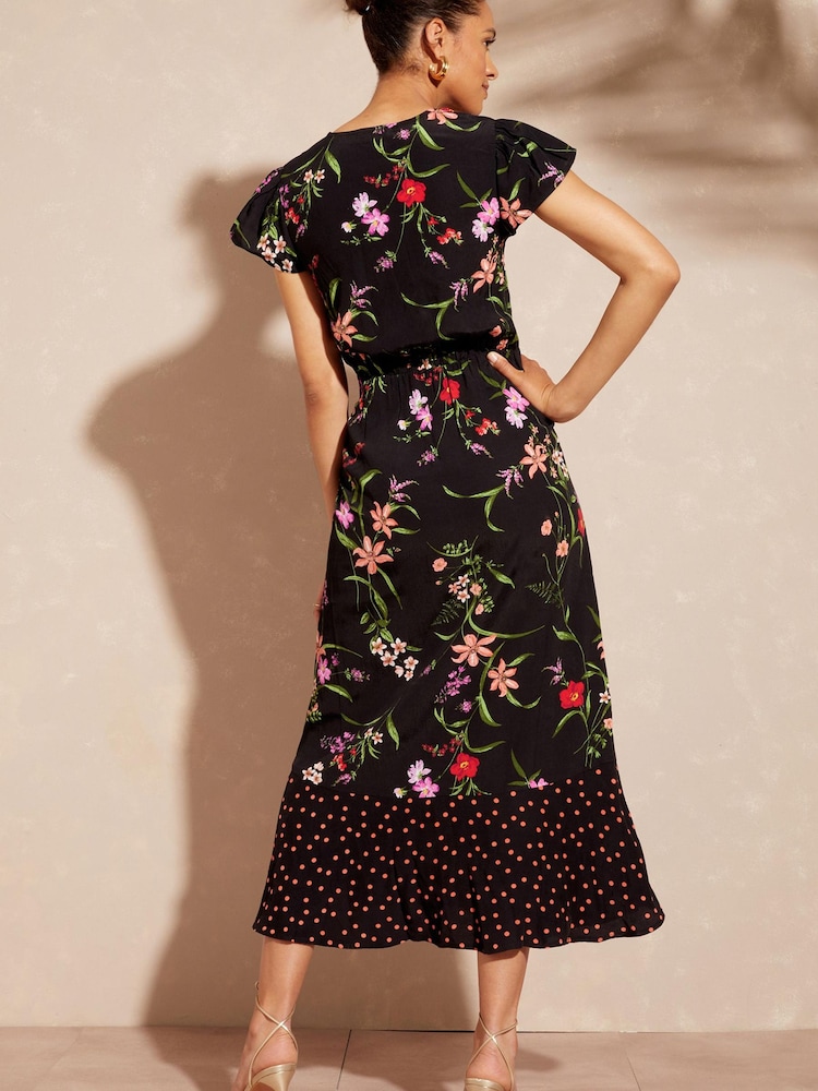 Love & Roses Black Printed Twist Front V Neck Flutter Sleeve Midi Summer Dress - Image 4 of 4 Love & Roses Black Printed Twist Front V Neck Flutter Sleeve Midi Summer Dress - Image 4 of 4