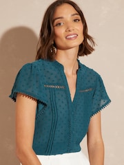 Love & Roses Teal Dobby Spot Ruffle V Neck Flutter Sleeve Blouse - Image 1 of 4