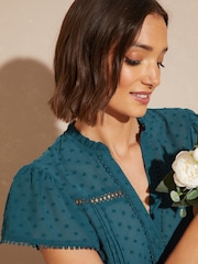 Love & Roses Teal Dobby Spot Ruffle V Neck Flutter Sleeve Blouse - Image 2 of 4