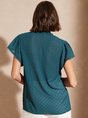 Love & Roses Teal Dobby Spot Ruffle V Neck Flutter Sleeve Blouse - Image 3 of 4