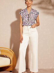 Love & Roses Ivory Animal Printed Roll Short Sleeve Zip Blouse - Image 3 of 4