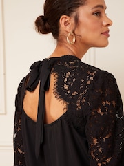 Love & Roses Black Tie Back Long Sleeve Lace Blouse - Image 2 of 4