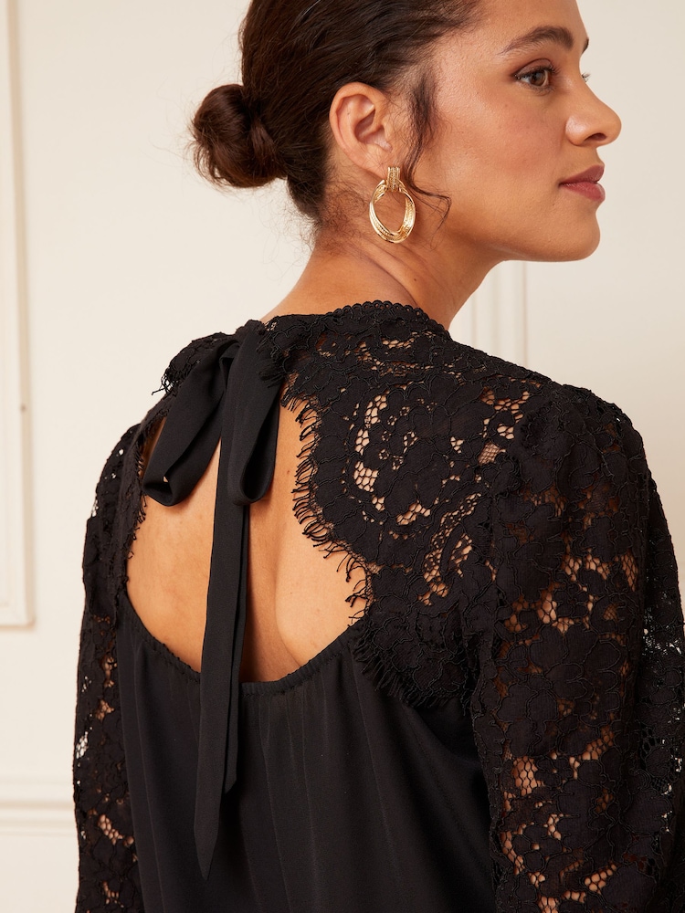 Love & Roses Black Tie Back Long Sleeve Lace Blouse - Image 2 of 4
