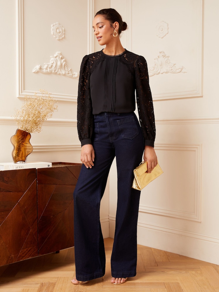 Love & Roses Black Tie Back Long Sleeve Lace Blouse - Image 3 of 4