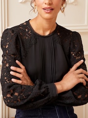 Love & Roses Black Tie Back Long Sleeve Lace Blouse - Image 4 of 4
