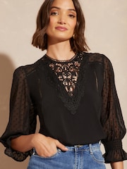 Love & Roses Black Jersey Mix Lace Insert Flute Sleeve Blouse - Image 1 of 4