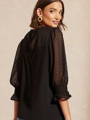 Love & Roses Black Jersey Mix Lace Insert Flute Sleeve Blouse - Image 3 of 4