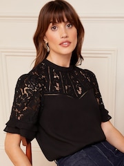 Love & Roses Black Lace Mix Yoke High Neck Ruffle Sleeve Top - Image 1 of 4
