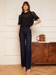 Love & Roses Black Lace Mix Yoke High Neck Ruffle Sleeve Top - Image 4 of 4