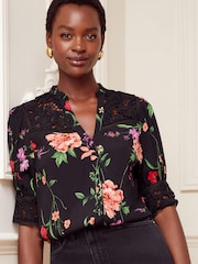 Love & Roses Black Floral Printed Lace Yoke V Neck Short Sleeve Blouse - Image 1 of 4