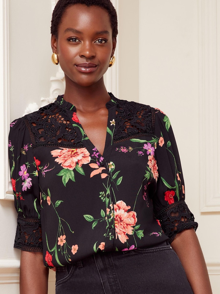 Love & Roses Black Floral Printed Lace Yoke V Neck Short Sleeve Blouse - Image 1 of 4