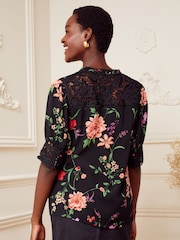 Love & Roses Black Floral Printed Lace Yoke V Neck Short Sleeve Blouse - Image 3 of 4