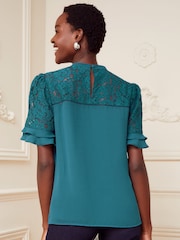 Love & Roses Teal Lace Mix Yoke High Neck Ruffle Sleeve Top - Image 2 of 4