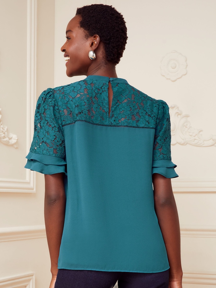 Love & Roses Teal Lace Mix Yoke High Neck Ruffle Sleeve Top - Image 2 of 4